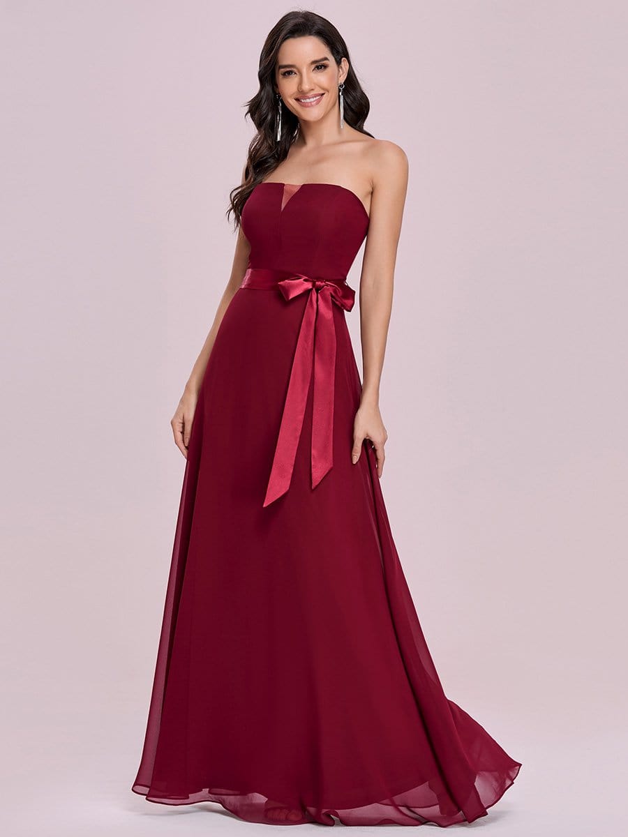 Color=Burgundy | Romantic Strapless Floor Length Waistband Bridesmaid Dress-Burgundy 4 Color=Burgundy | Romantic Strapless Floor Length Waistband Bridesmaid Dress-Burgundy 4