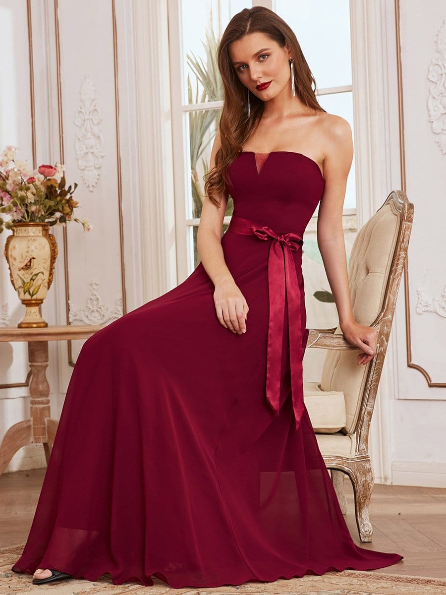 Color=Burgundy | Romantic Strapless Floor Length Waistband Bridesmaid Dress-Burgundy 3 Color=Burgundy | Romantic Strapless Floor Length Waistband Bridesmaid Dress-Burgundy 3