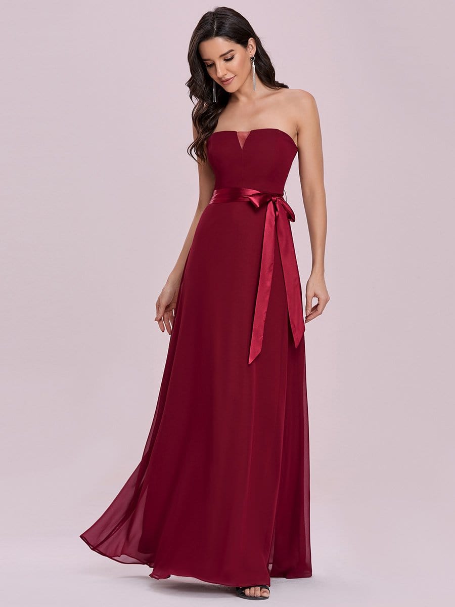 Color=Burgundy | Romantic Strapless Floor Length Waistband Bridesmaid Dress-Burgundy 7 Color=Burgundy | Romantic Strapless Floor Length Waistband Bridesmaid Dress-Burgundy 7