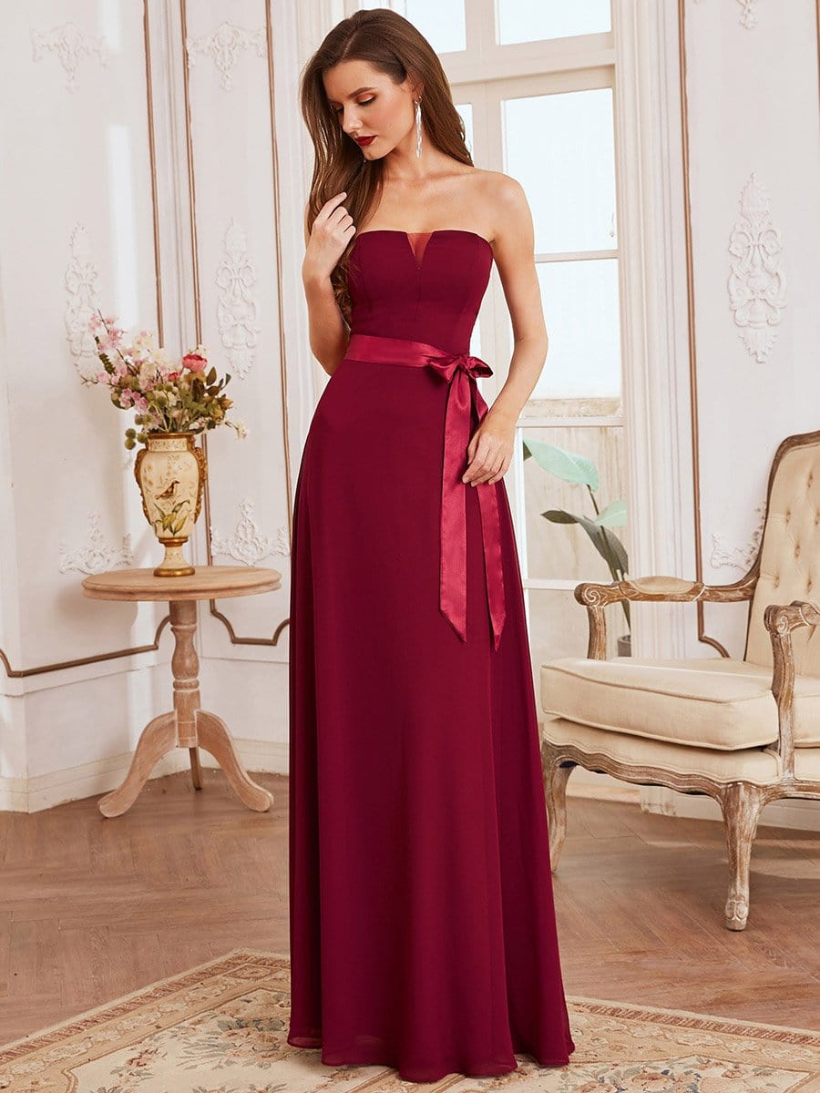 Color=Burgundy | Romantic Strapless Floor Length Waistband Bridesmaid Dress-Burgundy 1 Color=Burgundy | Romantic Strapless Floor Length Waistband Bridesmaid Dress-Burgundy 1