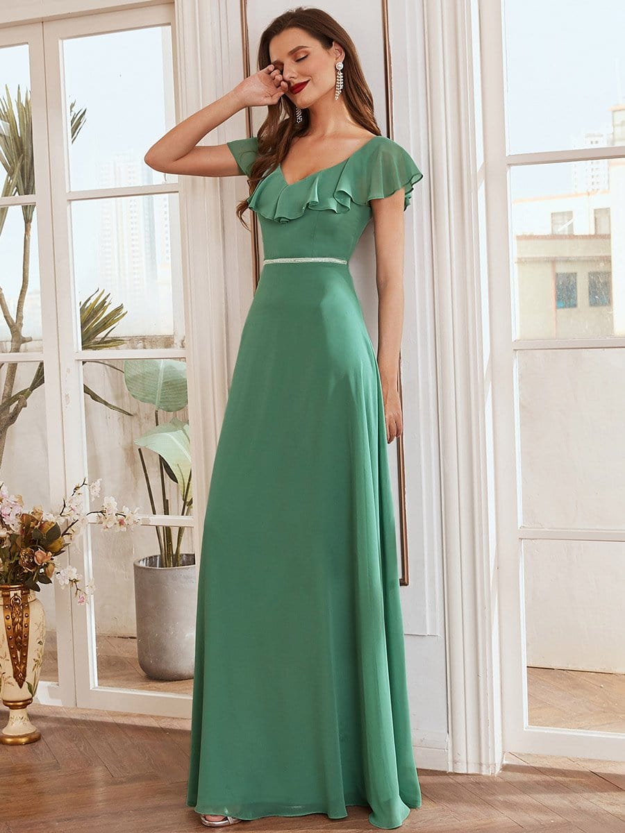 Color=Green Blue | Elegant Floor Length Ruffled V-neck Chiffon Bridesmaid Dress-Green Blue 1 Color=Green Blue | Elegant Floor Length Ruffled V-neck Chiffon Bridesmaid Dress-Green Blue 1