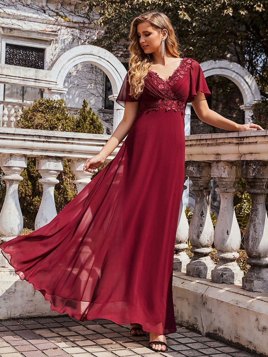 Color=Burgundy | Stunning Long Bridesmaid Dress With Appliqued V Neck-Burgundy 3 Color=Burgundy | Stunning Long Bridesmaid Dress With Appliqued V Neck-Burgundy 3