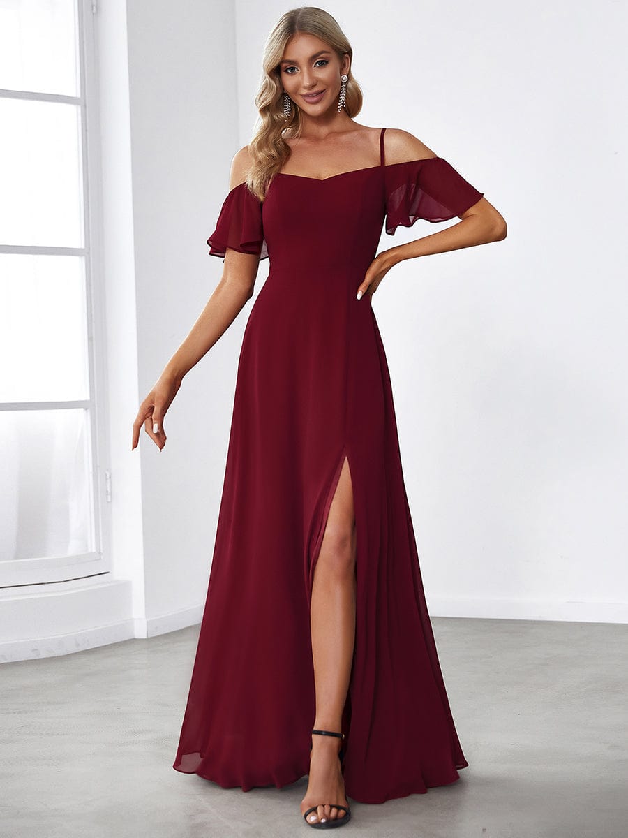 Stylish Cold Shoulder Floor Length Bridesmaid Dress with Side Slit