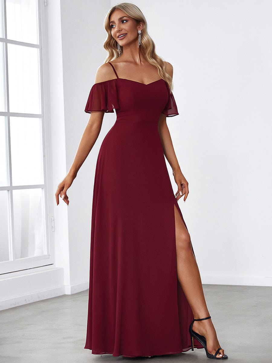 Stylish Cold-Shoulder Floor Length Bridesmaid Dress with Side Slit #color_Burgundy Stylish Cold-Shoulder Floor Length Bridesmaid Dress with Side Slit #color_Burgundy