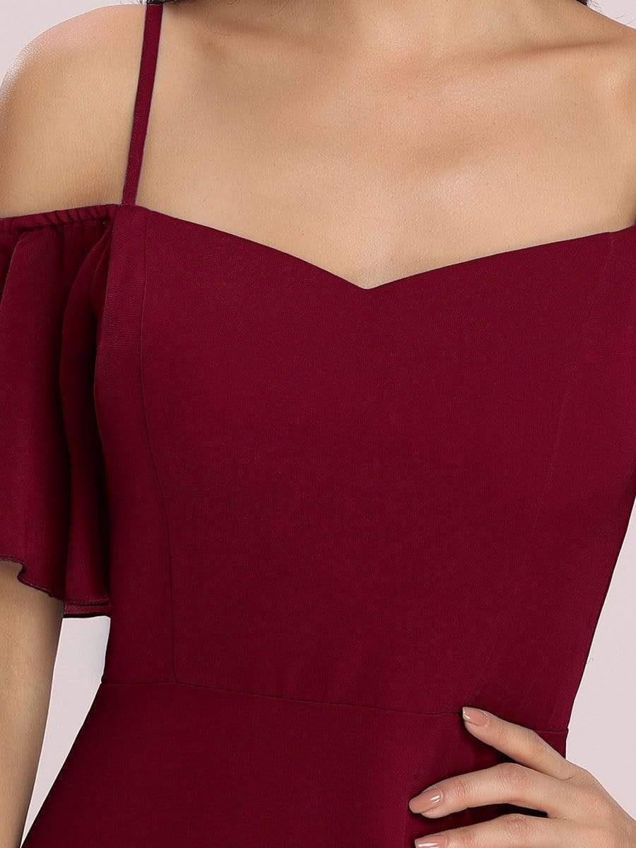 Stylish Cold-Shoulder Floor Length Bridesmaid Dress with Side Slit #color_Burgundy Stylish Cold-Shoulder Floor Length Bridesmaid Dress with Side Slit #color_Burgundy