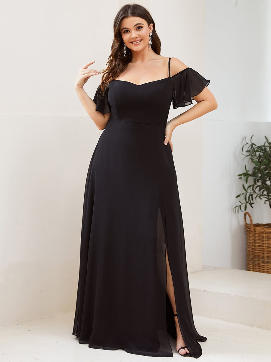 Cold-Shoulder High Split Floor Length Bridesmaid Dress #color_Black Cold-Shoulder High Split Floor Length Bridesmaid Dress #color_Black