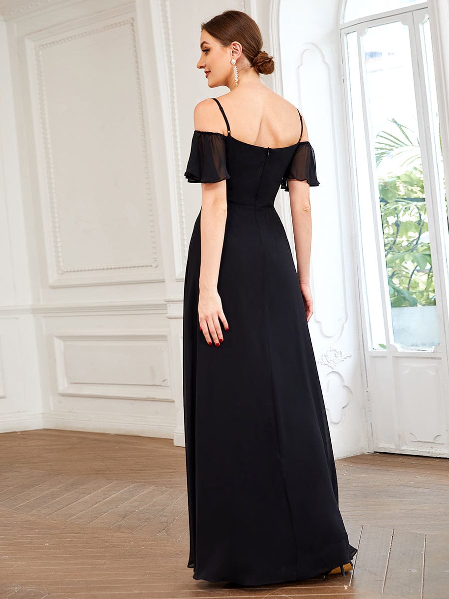Cold-Shoulder High Split Floor Length Bridesmaid Dress #color_Black Cold-Shoulder High Split Floor Length Bridesmaid Dress #color_Black