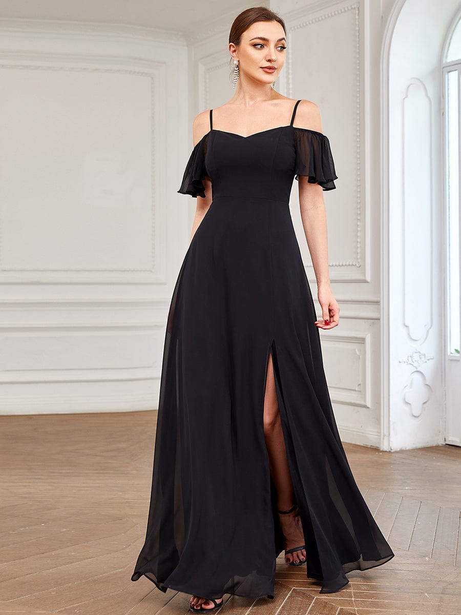 Cold-Shoulder High Split Floor Length Bridesmaid Dress #color_Black Cold-Shoulder High Split Floor Length Bridesmaid Dress #color_Black