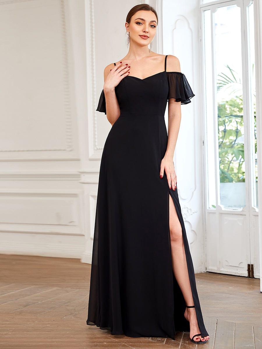 Cold-Shoulder High Split Floor Length Bridesmaid Dress #color_Black Cold-Shoulder High Split Floor Length Bridesmaid Dress #color_Black