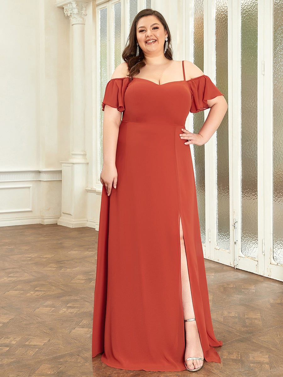 Stylish Cold-Shoulder Floor Length Bridesmaid Dress with Side Slit #color_Burnt Orange Stylish Cold-Shoulder Floor Length Bridesmaid Dress with Side Slit #color_Burnt Orange