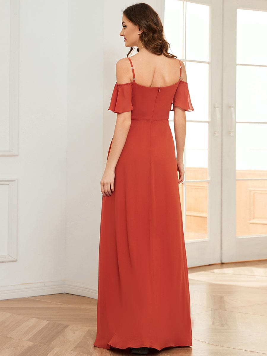 Stylish Cold-Shoulder Floor Length Bridesmaid Dress with Side Slit #color_Burnt Orange Stylish Cold-Shoulder Floor Length Bridesmaid Dress with Side Slit #color_Burnt Orange