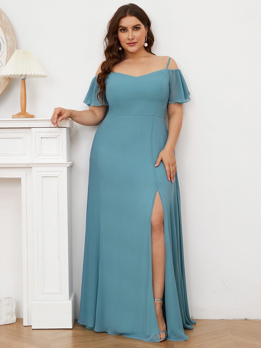 Cold-Shoulder High Split Floor Length Bridesmaid Dress #color_Dusty Blue Cold-Shoulder High Split Floor Length Bridesmaid Dress #color_Dusty Blue