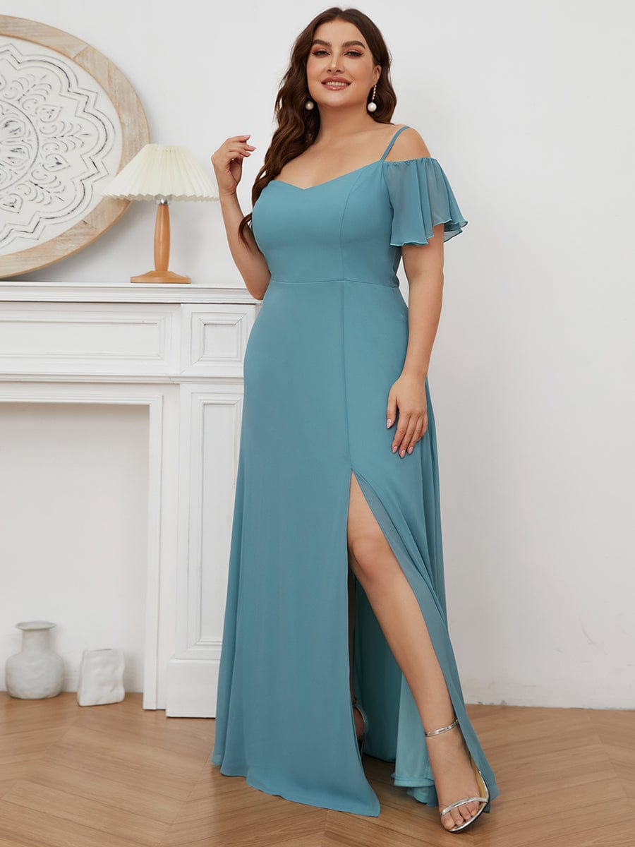 Cold-Shoulder High Split Floor Length Bridesmaid Dress #color_Dusty Blue Cold-Shoulder High Split Floor Length Bridesmaid Dress #color_Dusty Blue