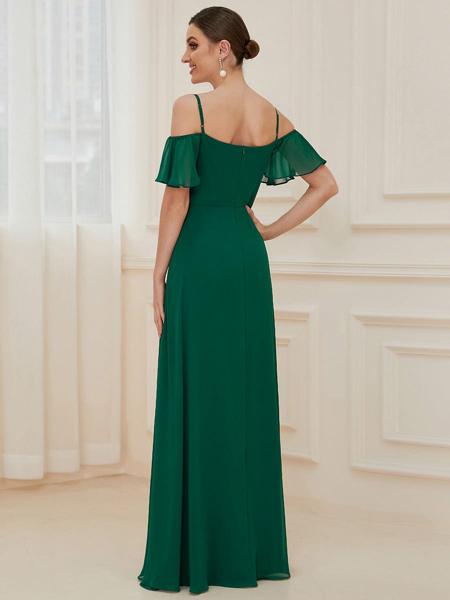Cold-Shoulder High Split Floor Length Bridesmaid Dress #color_Dark Green Cold-Shoulder High Split Floor Length Bridesmaid Dress #color_Dark Green