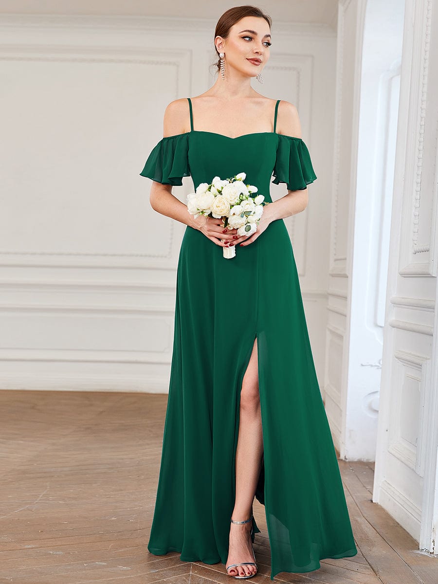 Cold-Shoulder High Split Floor Length Bridesmaid Dress #color_Dark Green Cold-Shoulder High Split Floor Length Bridesmaid Dress #color_Dark Green