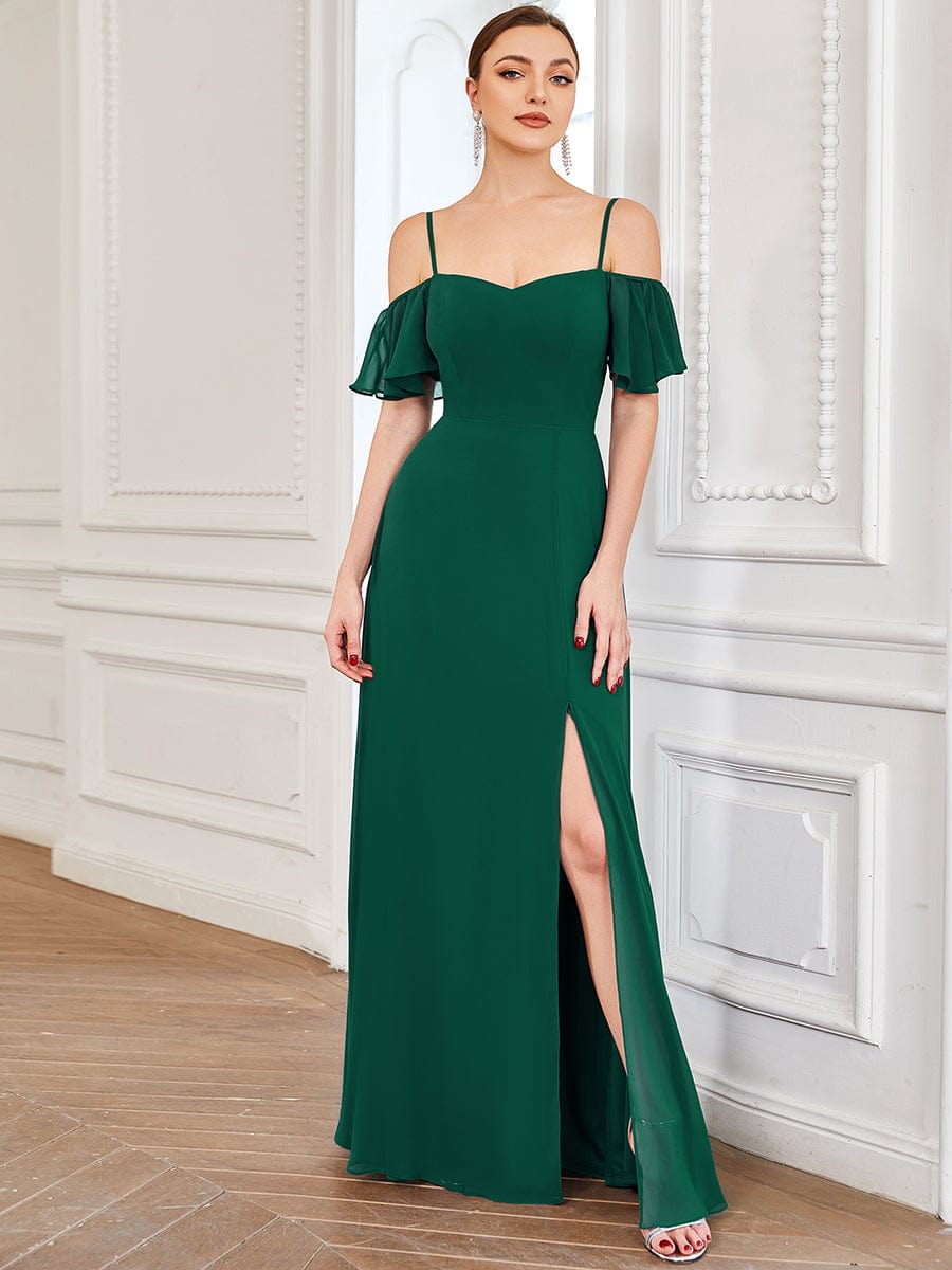 Cold-Shoulder High Split Floor Length Bridesmaid Dress #color_Dark Green Cold-Shoulder High Split Floor Length Bridesmaid Dress #color_Dark Green