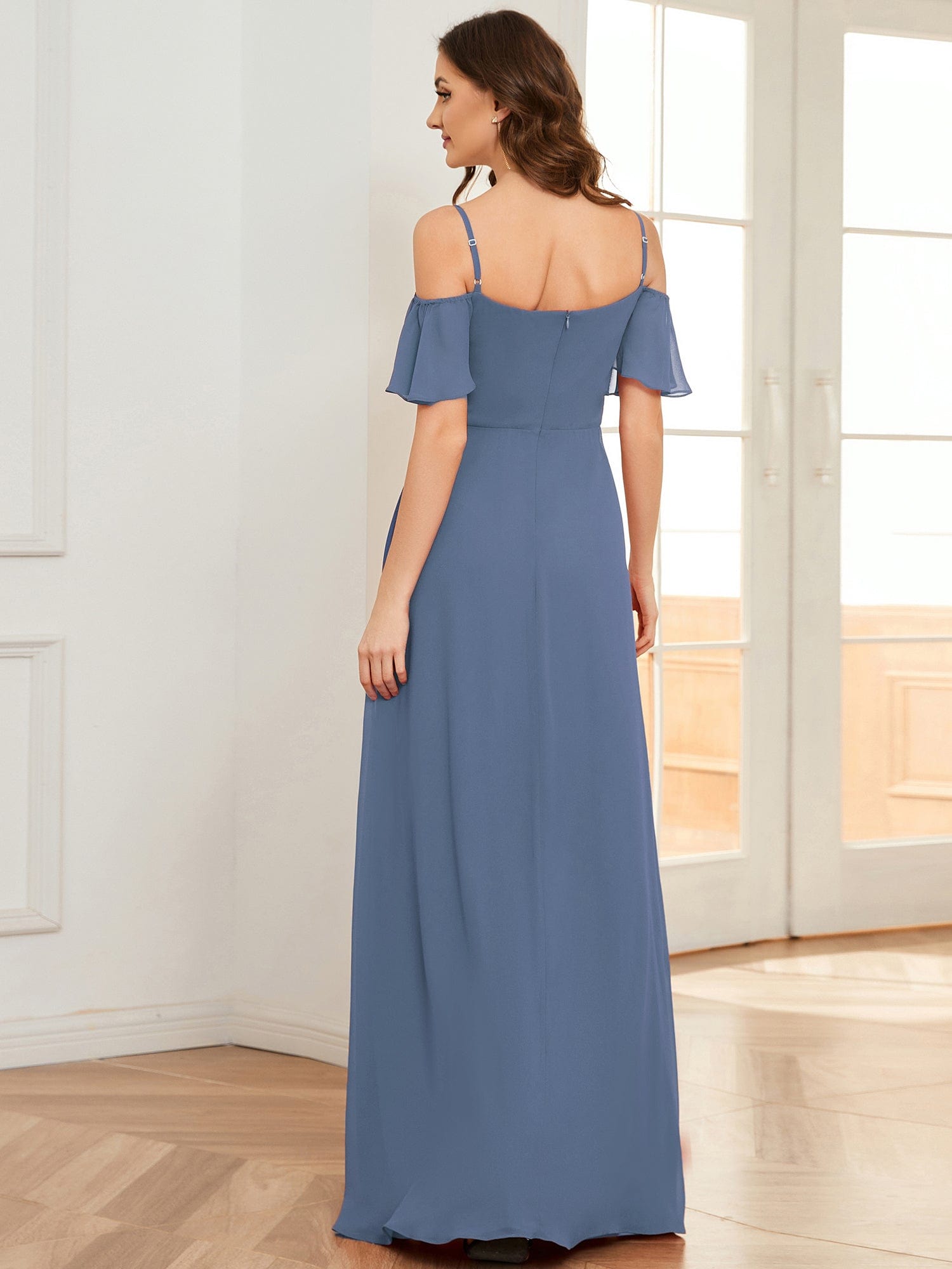 Stylish Cold-Shoulder Floor Length Bridesmaid Dress with Side Slit #color_Dusty Navy Stylish Cold-Shoulder Floor Length Bridesmaid Dress with Side Slit #color_Dusty Navy