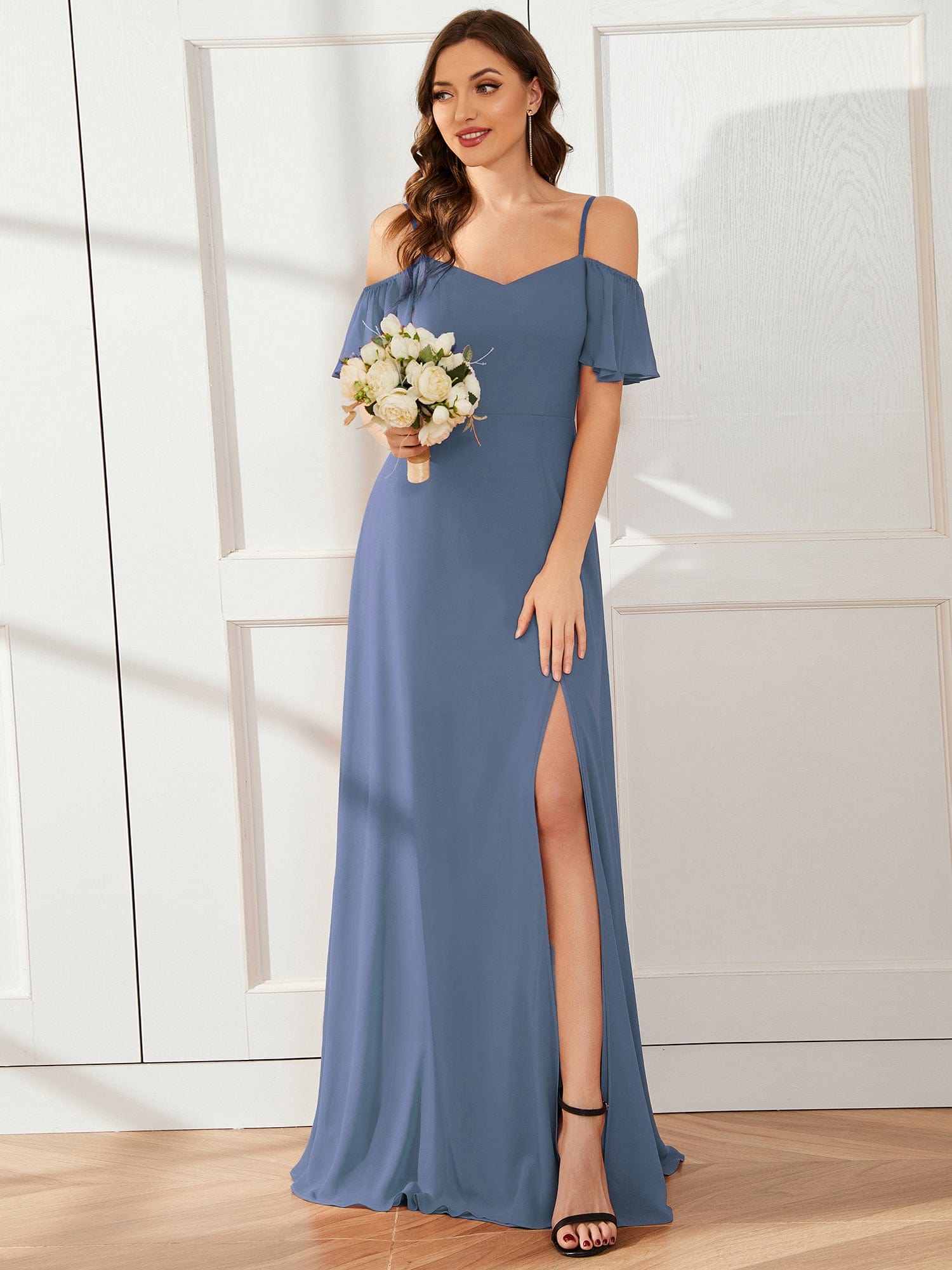 Stylish Cold-Shoulder Floor Length Bridesmaid Dress with Side Slit #color_Dusty Navy Stylish Cold-Shoulder Floor Length Bridesmaid Dress with Side Slit #color_Dusty Navy