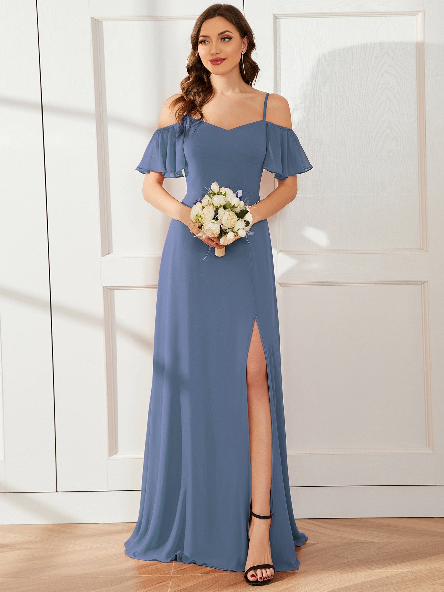 Stylish Cold-Shoulder Floor Length Bridesmaid Dress with Side Slit #color_Dusty Navy Stylish Cold-Shoulder Floor Length Bridesmaid Dress with Side Slit #color_Dusty Navy