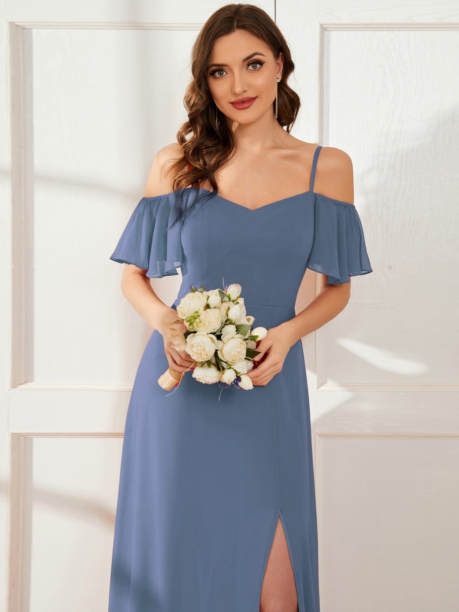 Stylish Cold-Shoulder Floor Length Bridesmaid Dress with Side Slit #color_Dusty Navy Stylish Cold-Shoulder Floor Length Bridesmaid Dress with Side Slit #color_Dusty Navy