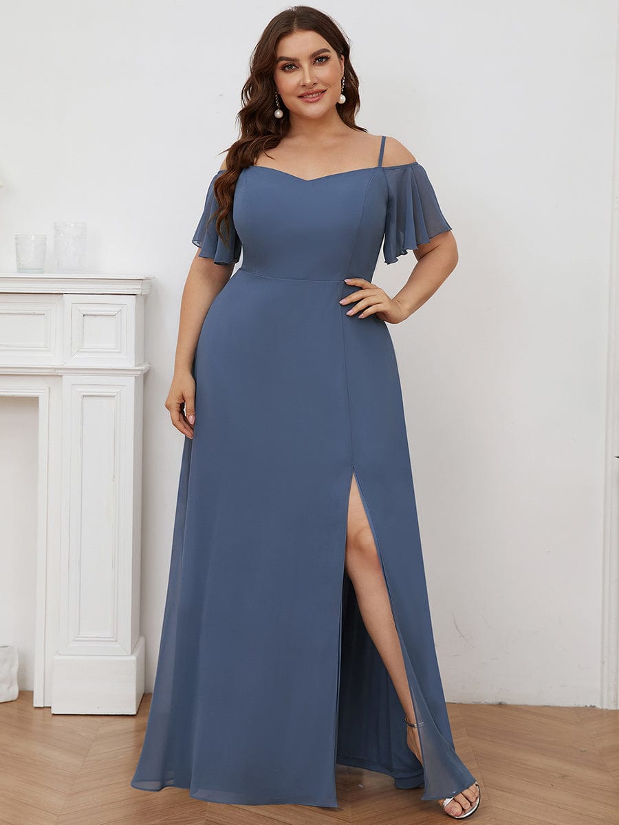 Stylish Cold-Shoulder Floor Length Bridesmaid Dress with Side Slit #color_Dusty Navy Stylish Cold-Shoulder Floor Length Bridesmaid Dress with Side Slit #color_Dusty Navy