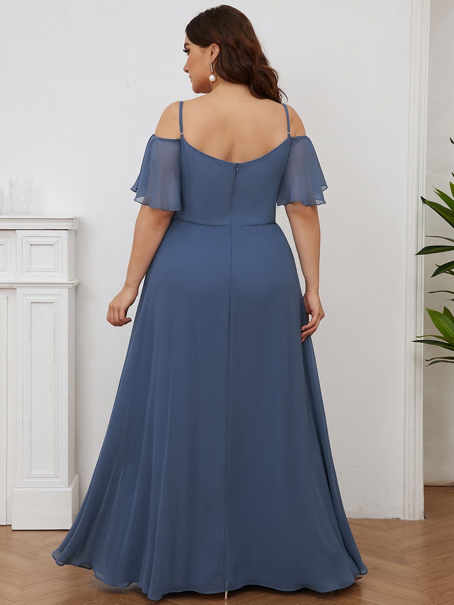 Stylish Cold-Shoulder Floor Length Bridesmaid Dress with Side Slit #color_Dusty Navy Stylish Cold-Shoulder Floor Length Bridesmaid Dress with Side Slit #color_Dusty Navy