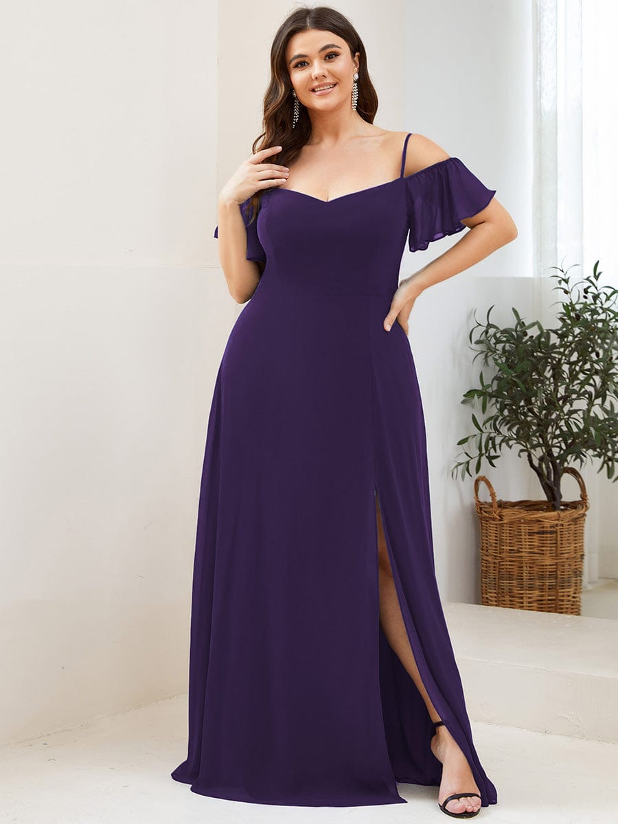 Stylish Cold-Shoulder Floor Length Bridesmaid Dress with Side Slit #color_Dark Purple Stylish Cold-Shoulder Floor Length Bridesmaid Dress with Side Slit #color_Dark Purple