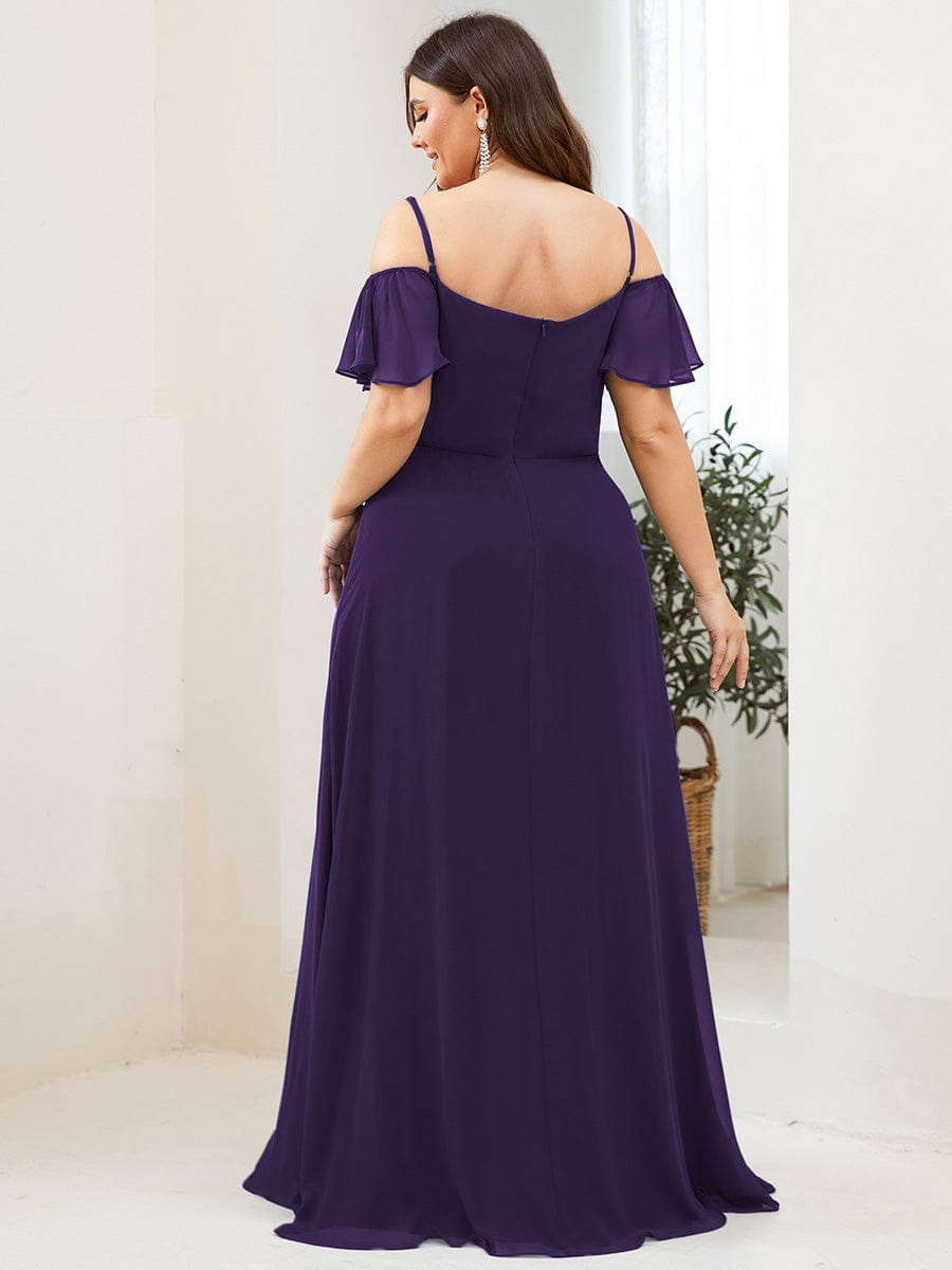 Stylish Cold-Shoulder Floor Length Bridesmaid Dress with Side Slit #color_Dark Purple Stylish Cold-Shoulder Floor Length Bridesmaid Dress with Side Slit #color_Dark Purple