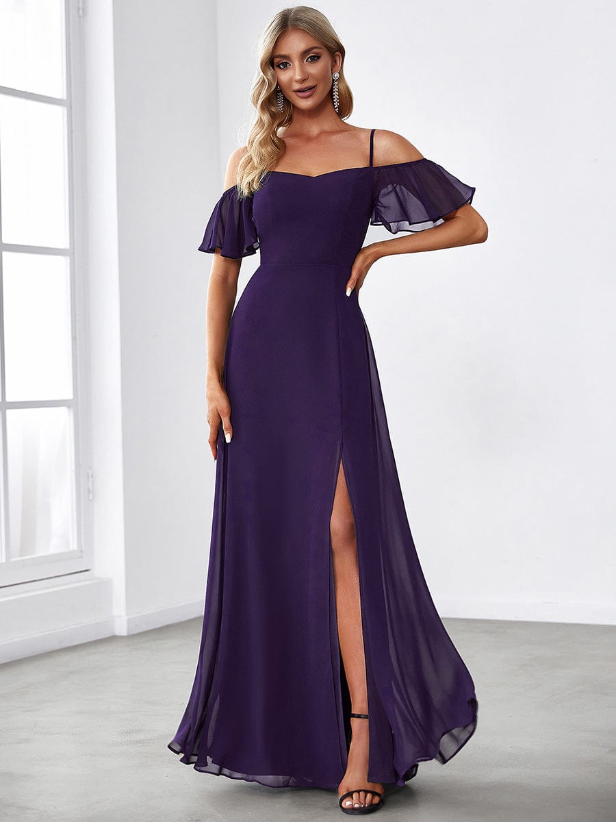 Stylish Cold-Shoulder Floor Length Bridesmaid Dress with Side Slit #color_Dark Purple Stylish Cold-Shoulder Floor Length Bridesmaid Dress with Side Slit #color_Dark Purple