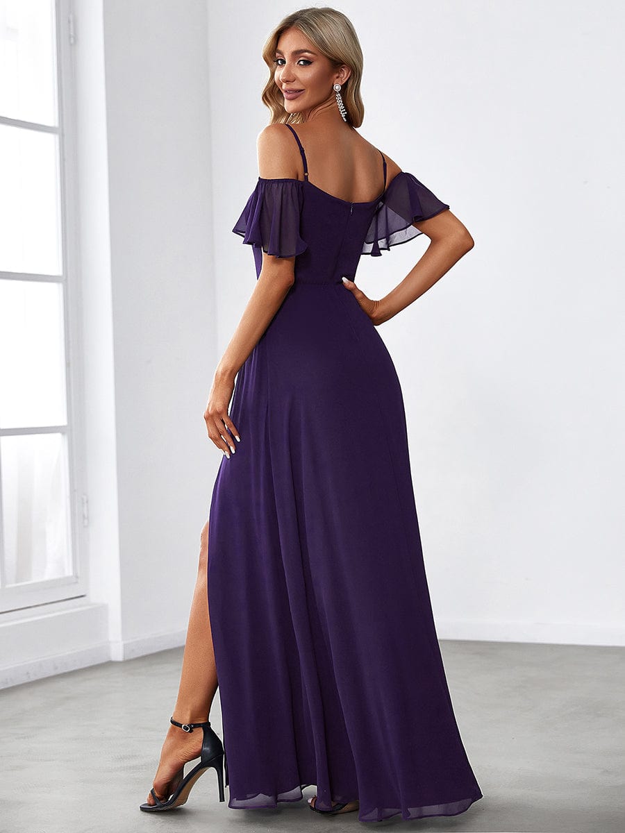 Stylish Cold-Shoulder Floor Length Bridesmaid Dress with Side Slit #color_Dark Purple Stylish Cold-Shoulder Floor Length Bridesmaid Dress with Side Slit #color_Dark Purple
