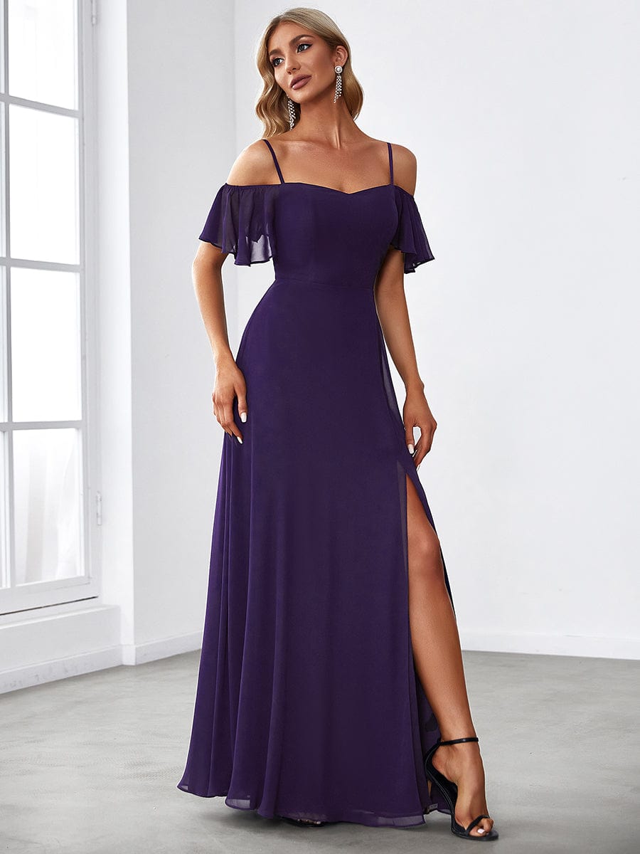 Stylish Cold-Shoulder Floor Length Bridesmaid Dress with Side Slit #color_Dark Purple Stylish Cold-Shoulder Floor Length Bridesmaid Dress with Side Slit #color_Dark Purple