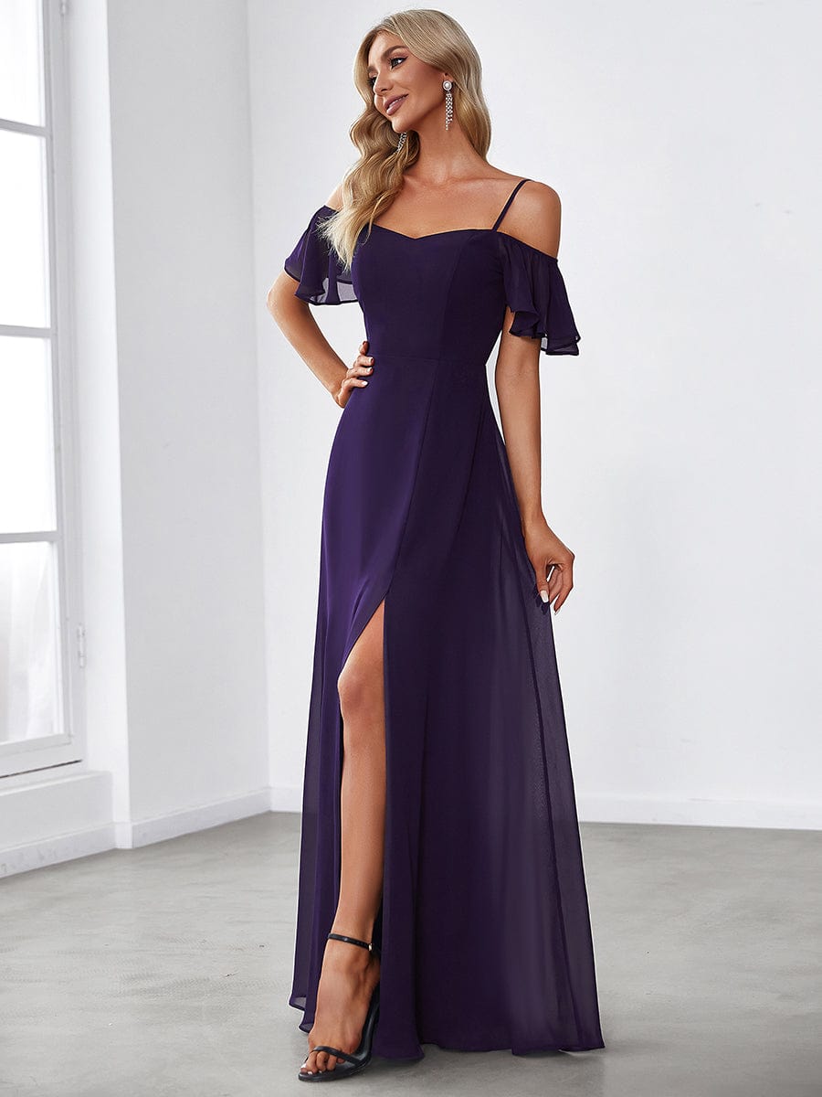 Stylish Cold-Shoulder Floor Length Bridesmaid Dress with Side Slit #color_Dark Purple Stylish Cold-Shoulder Floor Length Bridesmaid Dress with Side Slit #color_Dark Purple