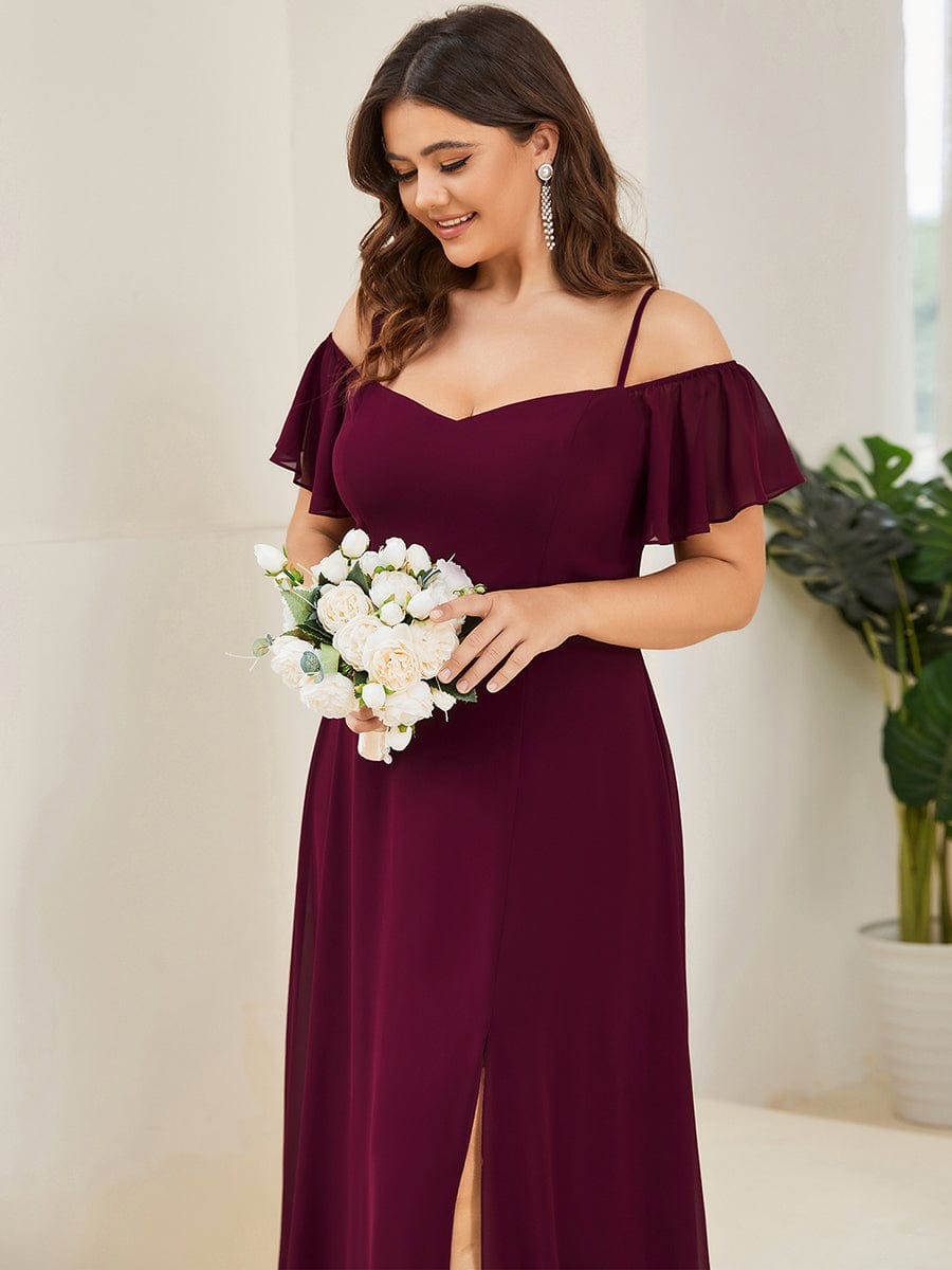 Stylish Cold-Shoulder Floor Length Bridesmaid Dress with Side Slit #color_Mulberry Stylish Cold-Shoulder Floor Length Bridesmaid Dress with Side Slit #color_Mulberry