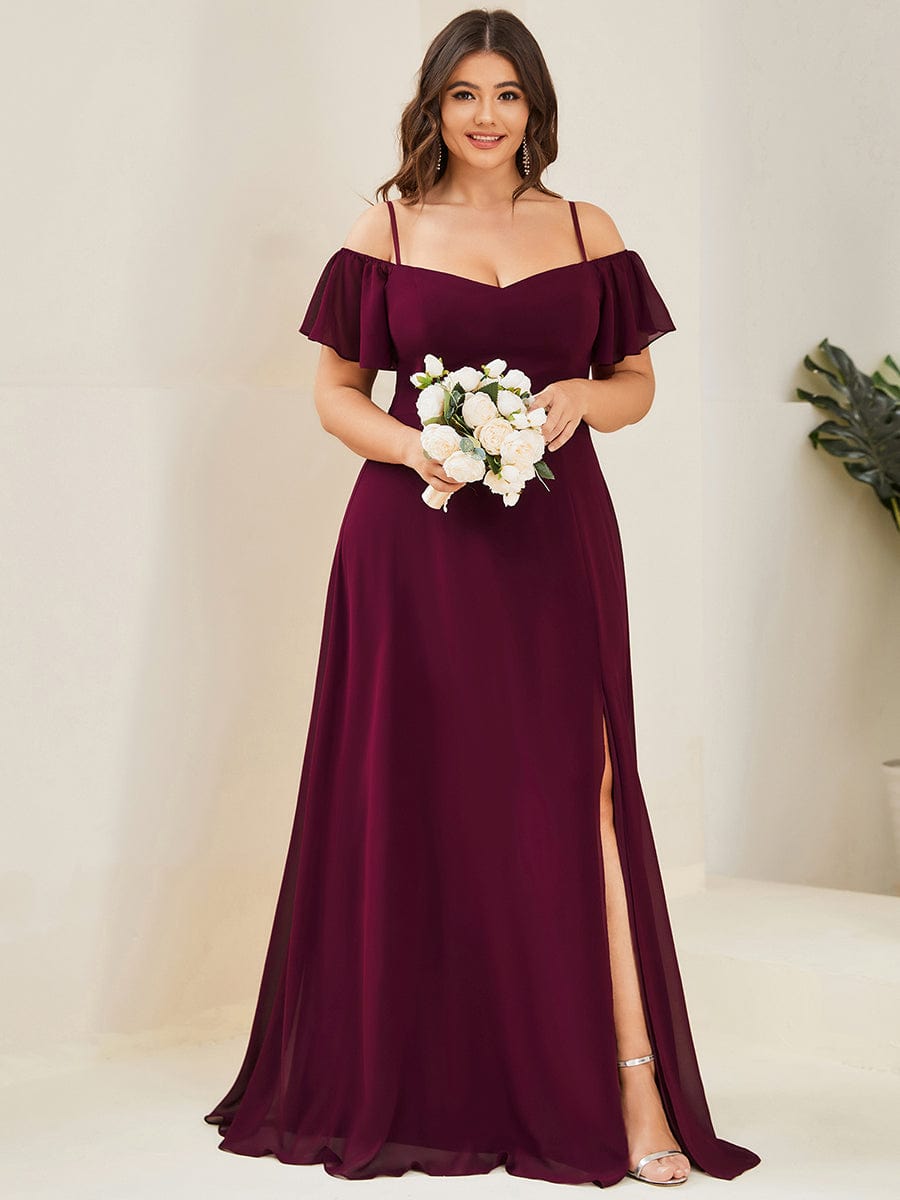 Stylish Cold-Shoulder Floor Length Bridesmaid Dress with Side Slit #color_Mulberry Stylish Cold-Shoulder Floor Length Bridesmaid Dress with Side Slit #color_Mulberry