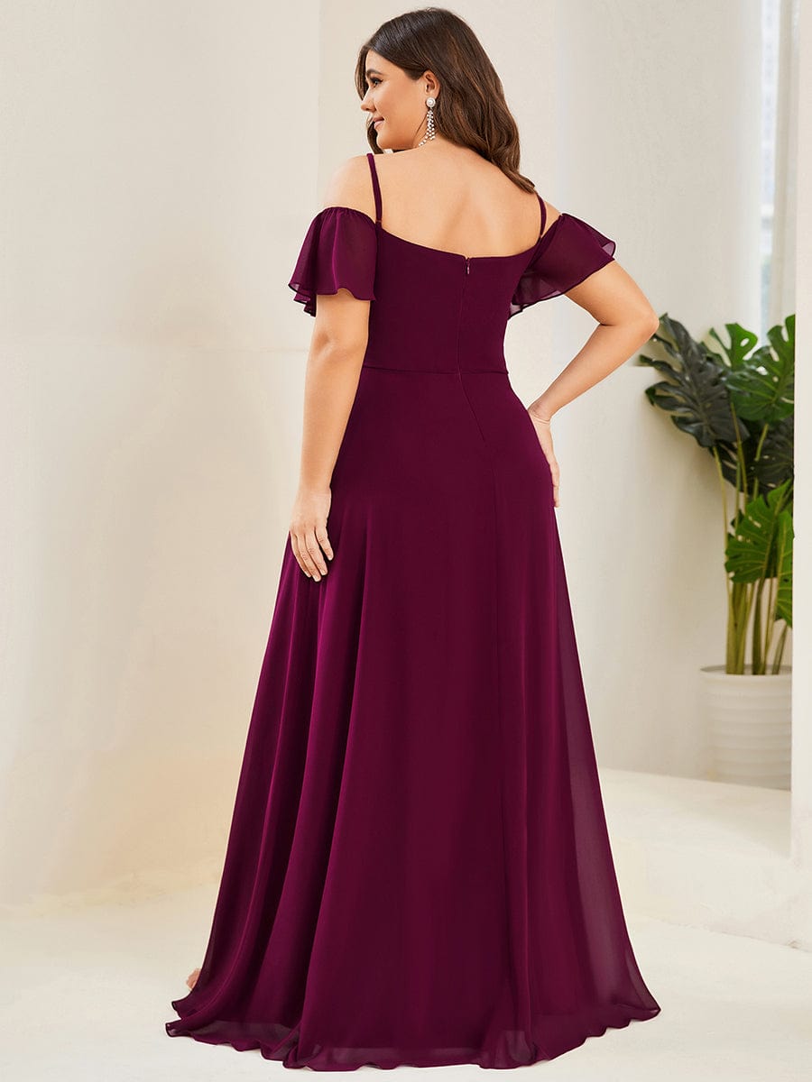 Stylish Cold-Shoulder Floor Length Bridesmaid Dress with Side Slit #color_Mulberry Stylish Cold-Shoulder Floor Length Bridesmaid Dress with Side Slit #color_Mulberry