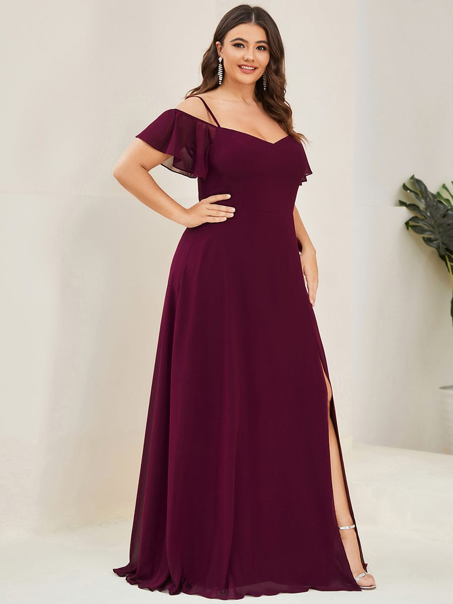 Stylish Cold-Shoulder Floor Length Bridesmaid Dress with Side Slit #color_Mulberry Stylish Cold-Shoulder Floor Length Bridesmaid Dress with Side Slit #color_Mulberry