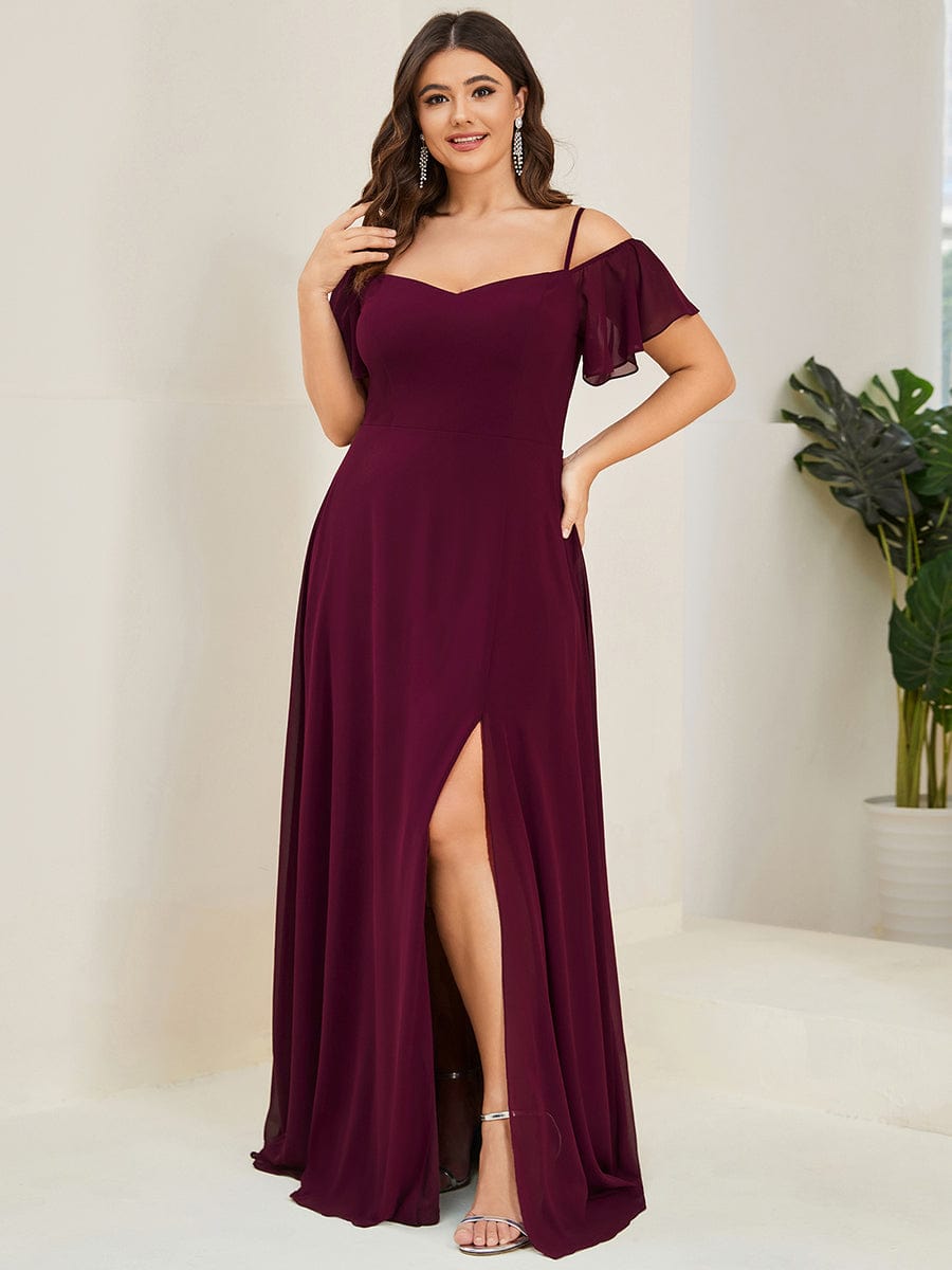 Stylish Cold-Shoulder Floor Length Bridesmaid Dress with Side Slit #color_Mulberry Stylish Cold-Shoulder Floor Length Bridesmaid Dress with Side Slit #color_Mulberry