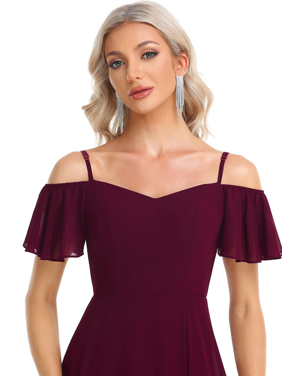 Stylish Cold-Shoulder Floor Length Bridesmaid Dress with Side Slit #color_Mulberry Stylish Cold-Shoulder Floor Length Bridesmaid Dress with Side Slit #color_Mulberry