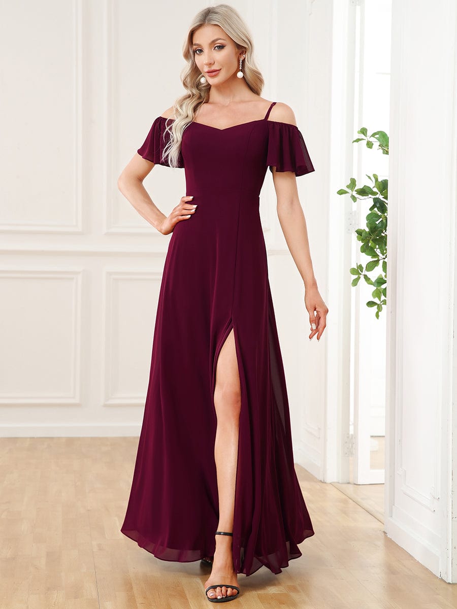 Stylish Cold-Shoulder Floor Length Bridesmaid Dress with Side Slit #color_Mulberry Stylish Cold-Shoulder Floor Length Bridesmaid Dress with Side Slit #color_Mulberry