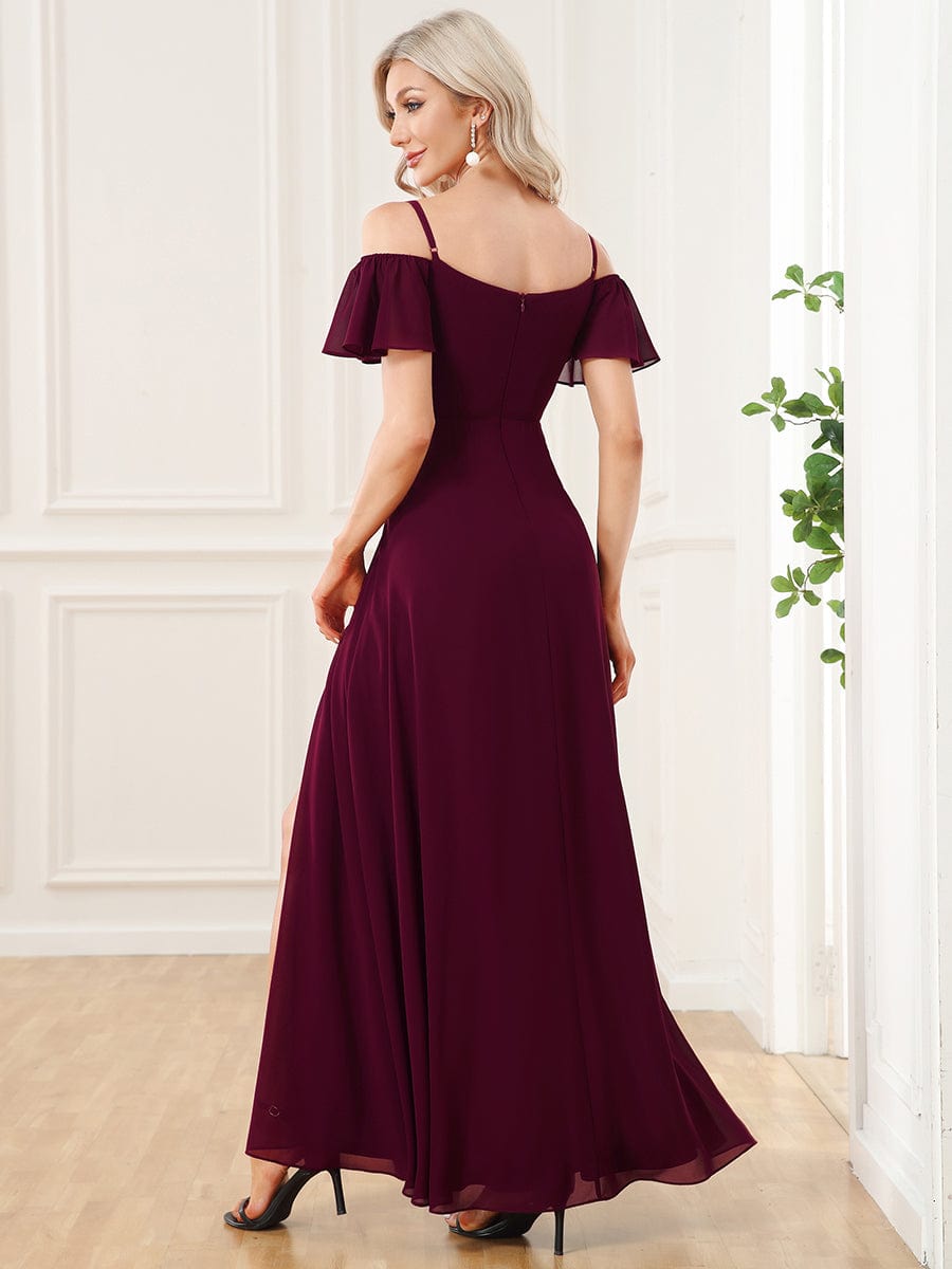 Stylish Cold-Shoulder Floor Length Bridesmaid Dress with Side Slit #color_Mulberry Stylish Cold-Shoulder Floor Length Bridesmaid Dress with Side Slit #color_Mulberry