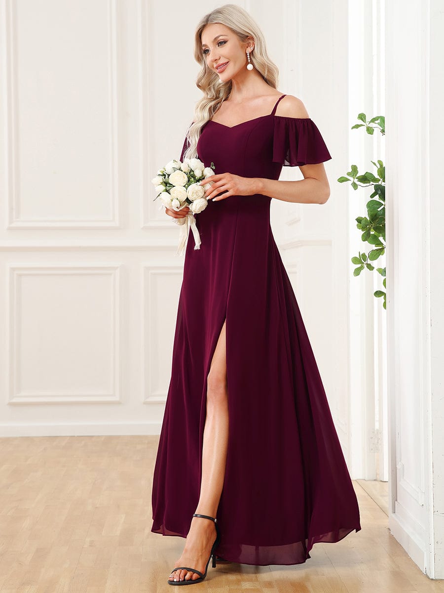Stylish Cold-Shoulder Floor Length Bridesmaid Dress with Side Slit #color_Mulberry Stylish Cold-Shoulder Floor Length Bridesmaid Dress with Side Slit #color_Mulberry