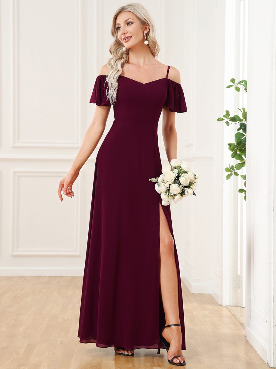 Stylish Cold-Shoulder Floor Length Bridesmaid Dress with Side Slit #color_Mulberry Stylish Cold-Shoulder Floor Length Bridesmaid Dress with Side Slit #color_Mulberry