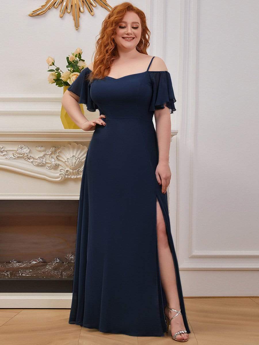 Stylish Cold-Shoulder Floor Length Bridesmaid Dress with Side Slit #color_Navy Blue Stylish Cold-Shoulder Floor Length Bridesmaid Dress with Side Slit #color_Navy Blue