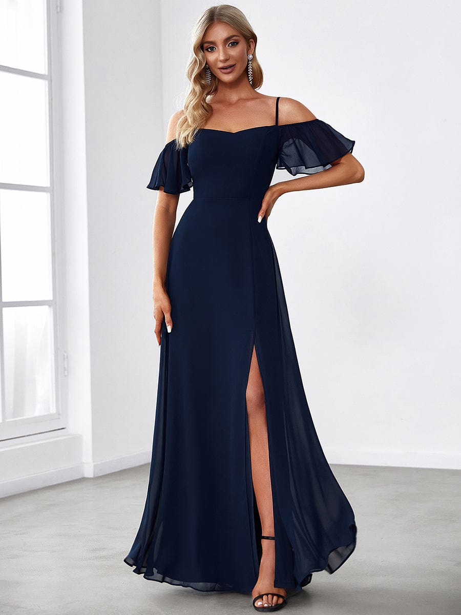 Stylish Cold-Shoulder Floor Length Bridesmaid Dress with Side Slit #color_Navy Blue Stylish Cold-Shoulder Floor Length Bridesmaid Dress with Side Slit #color_Navy Blue