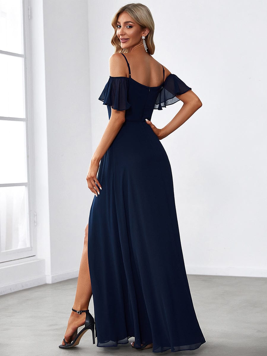 Stylish Cold-Shoulder Floor Length Bridesmaid Dress with Side Slit #color_Navy Blue Stylish Cold-Shoulder Floor Length Bridesmaid Dress with Side Slit #color_Navy Blue
