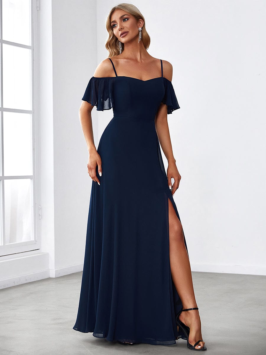 Stylish Cold-Shoulder Floor Length Bridesmaid Dress with Side Slit #color_Navy Blue Stylish Cold-Shoulder Floor Length Bridesmaid Dress with Side Slit #color_Navy Blue