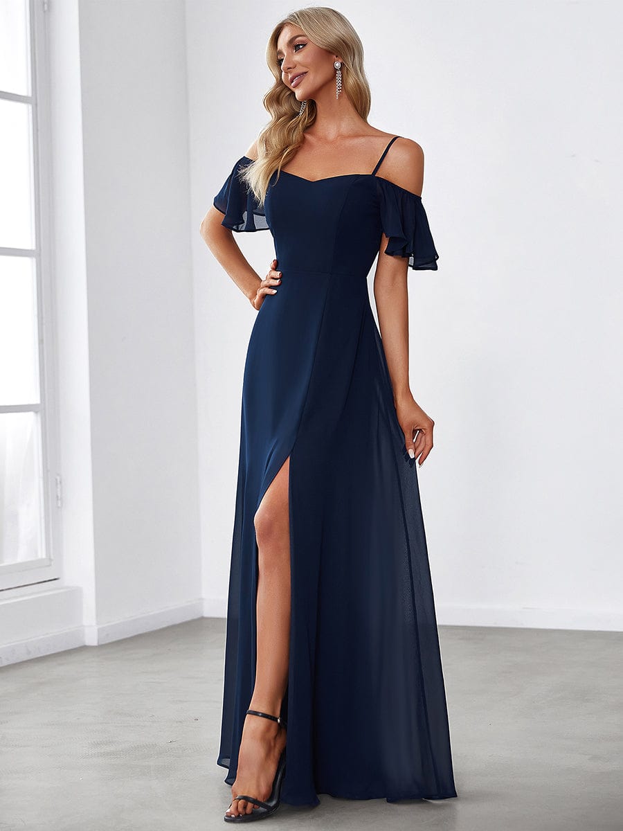 Stylish Cold-Shoulder Floor Length Bridesmaid Dress with Side Slit #color_Navy Blue Stylish Cold-Shoulder Floor Length Bridesmaid Dress with Side Slit #color_Navy Blue
