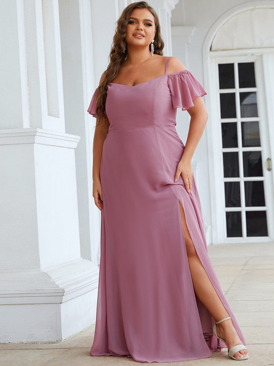 Stylish Cold-Shoulder Floor Length Bridesmaid Dress with Side Slit #color_Purple Orchid Stylish Cold-Shoulder Floor Length Bridesmaid Dress with Side Slit #color_Purple Orchid