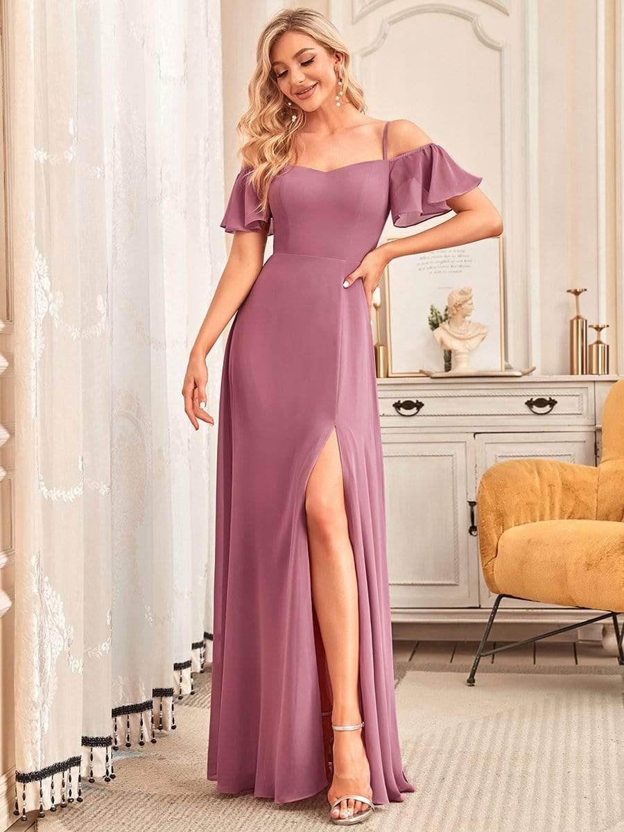 Stylish Cold-Shoulder Floor Length Bridesmaid Dress with Side Slit #color_Purple Orchid Stylish Cold-Shoulder Floor Length Bridesmaid Dress with Side Slit #color_Purple Orchid