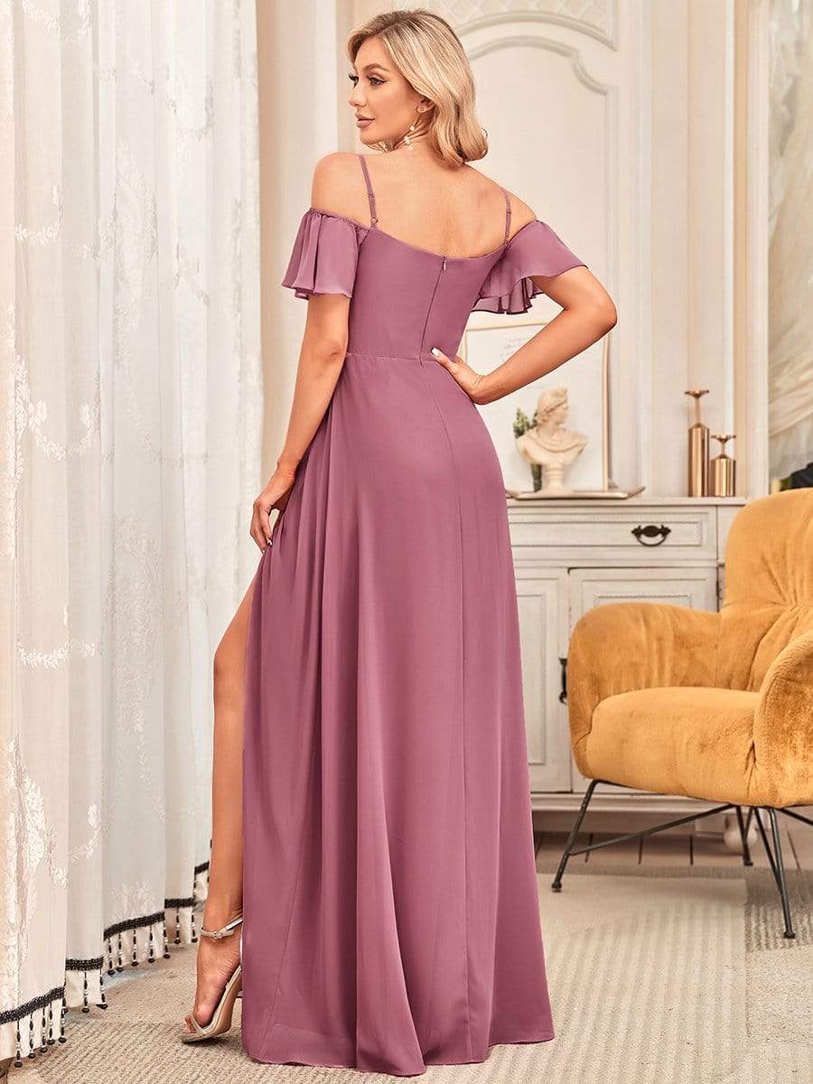 Stylish Cold-Shoulder Floor Length Bridesmaid Dress with Side Slit #color_Purple Orchid Stylish Cold-Shoulder Floor Length Bridesmaid Dress with Side Slit #color_Purple Orchid
